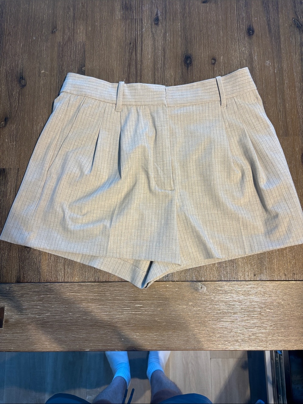 Aritzia Light Beige Pinstripe High-Waist Bermuda Shorts